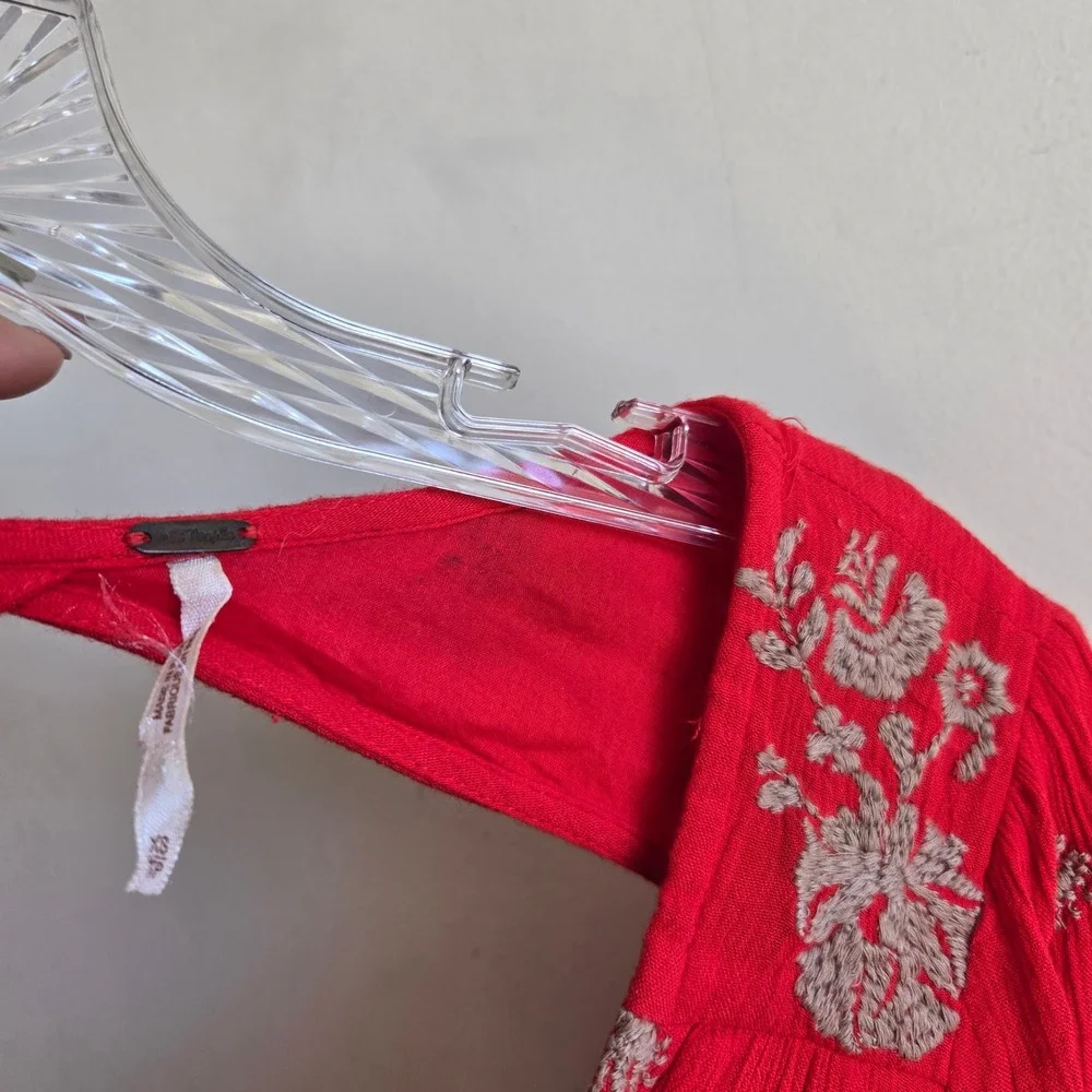 Free People XS Mini Dress Womens Red Good Embroidered V-Neck Boho Pockets